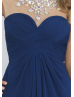 Navy Blue Beaded High Neck Slit Back Knee Length Prom Dress 